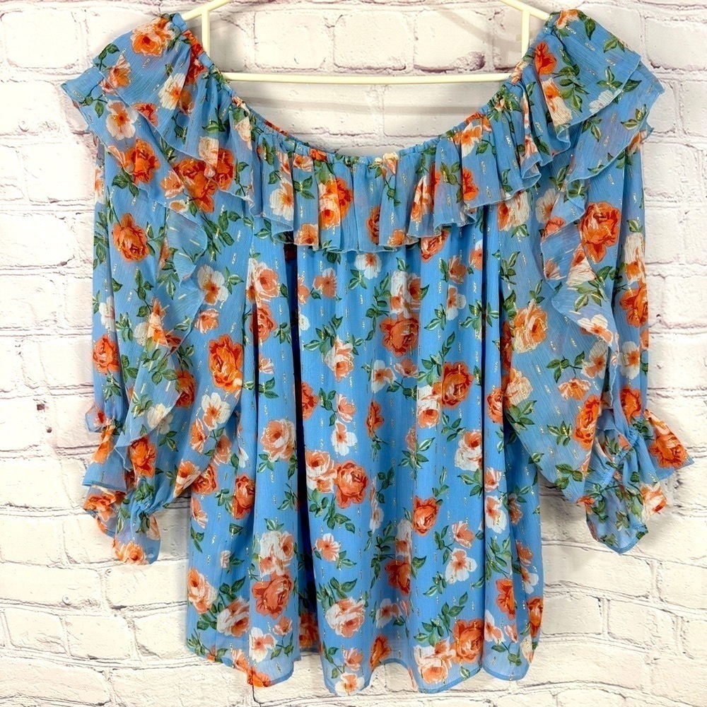 Multicolored Ruffled Puff Sleeve 3/4 Blouse Flowy lightweight pastel plus 22/24